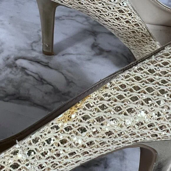 AUDREY Brook Peep Toe Heels Quillan Gold Cross Stitch size 9.5 - Picture 7 of 13